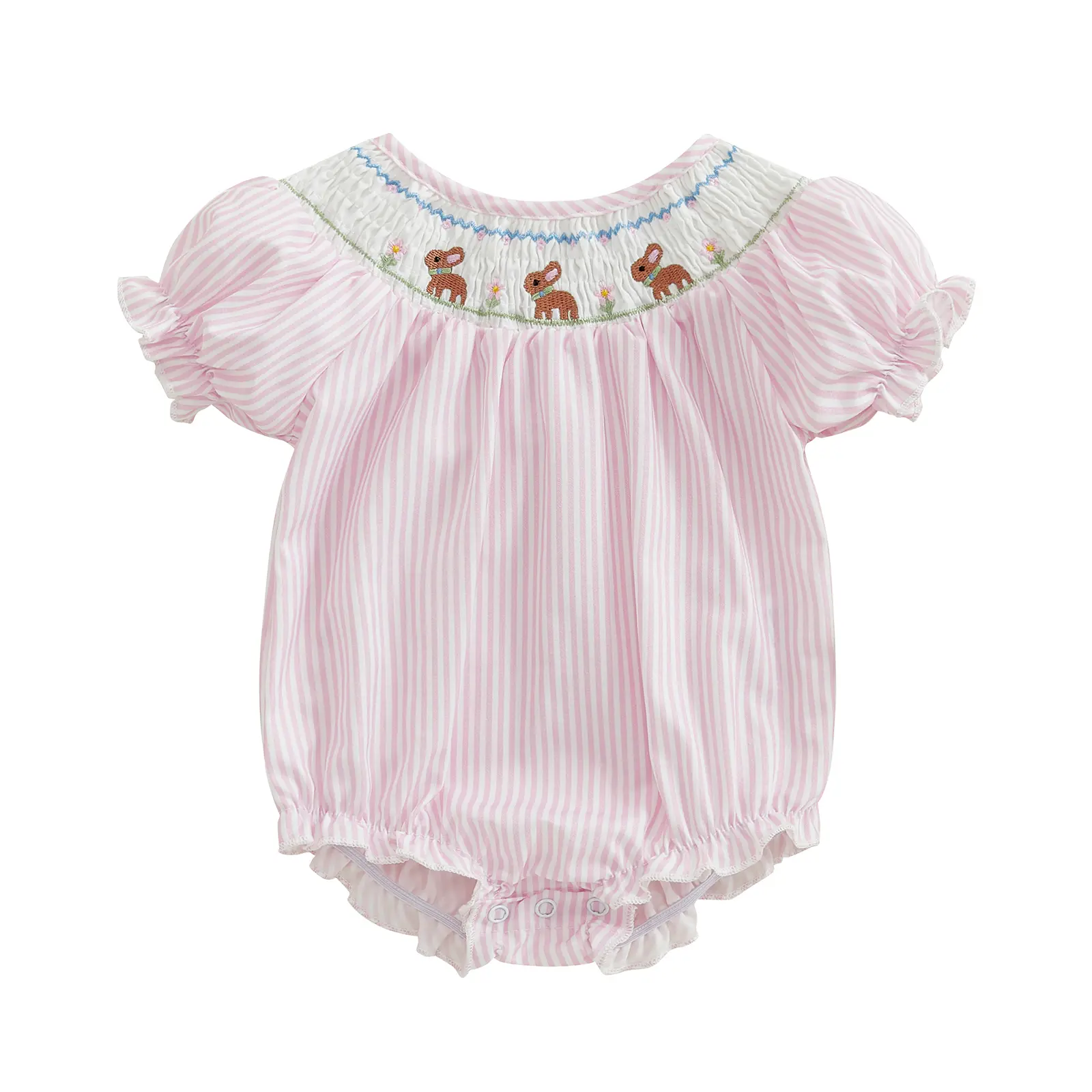 Newborn Baby Girl Bunny Romper Puff Short Sleeve Stripes Print Rabbit Embroidery Loose Bodysuit My First Easter Outfit Summer Playsuit