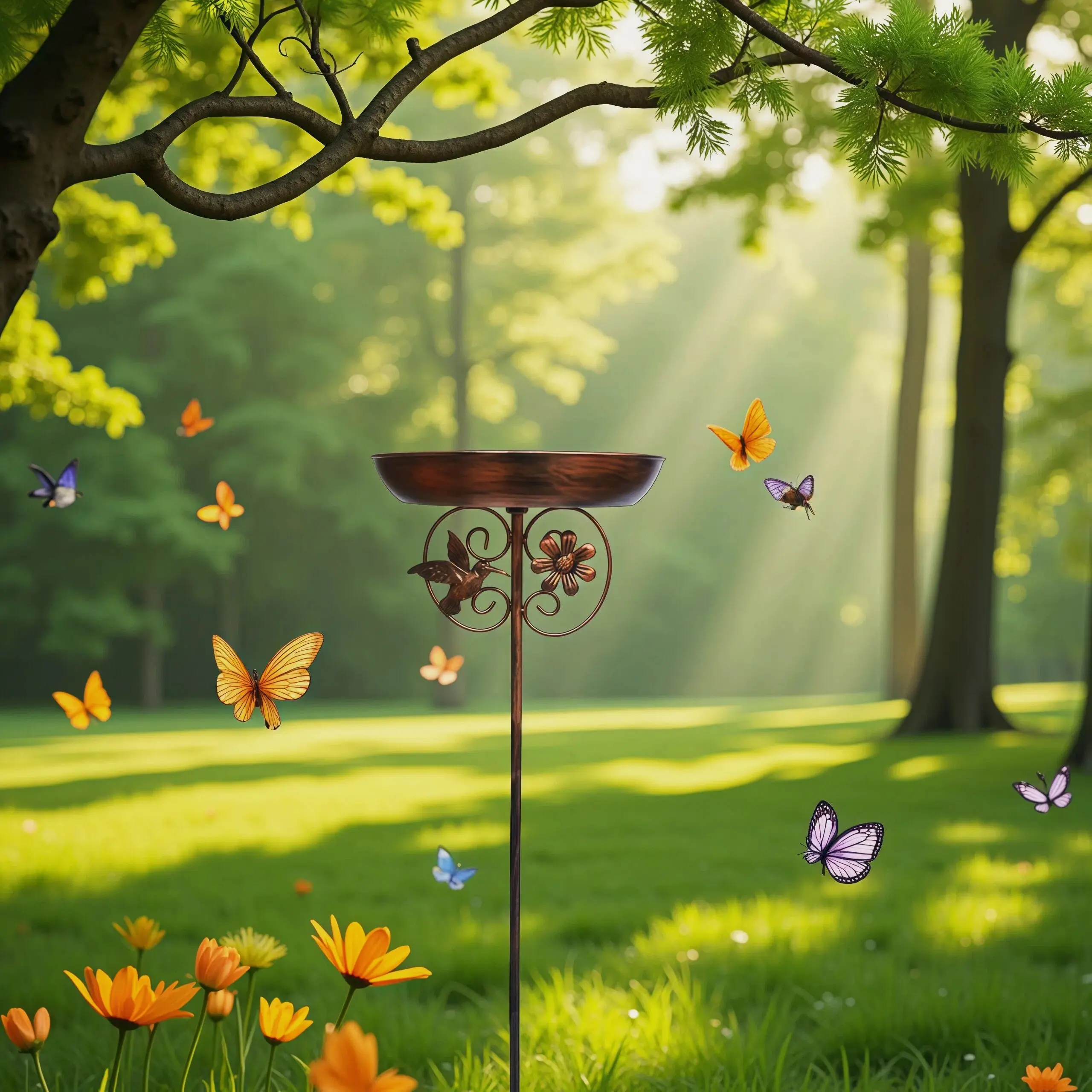 Metal Outdoor Birdbath-Feeder, Sunflower Design, 5-Legged Base Pole, Garden Decor for Backyards & Courtyards, Attracts Birds, Enhances Outdoor Area, Bird Lover Gift  , Can be fed with water or bird food