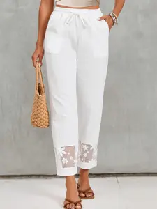Minimal Chic Elegant White Straight Pants Women, High Waist Elastic Drawstring, Lace Patchwork, Pockets, Office, Date, Vacation Outfit