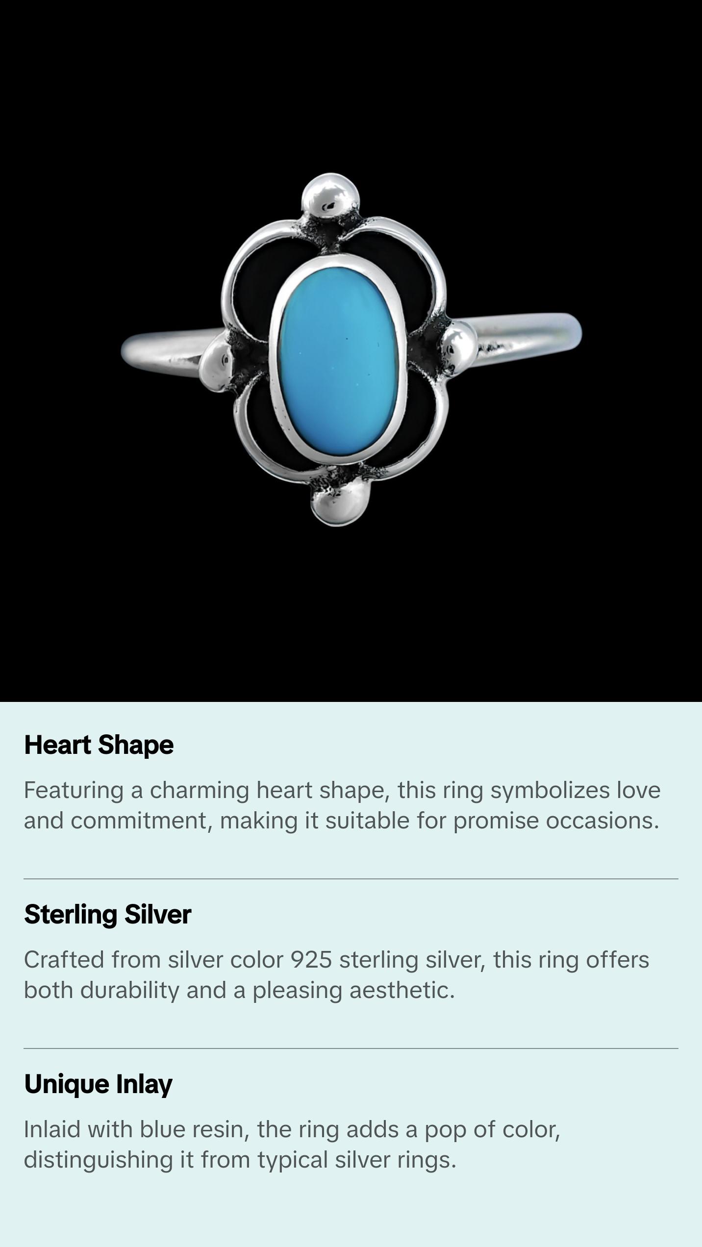 925 Sterling Silver Heart Ring, Turquoise Heart Ring, Promise Ring