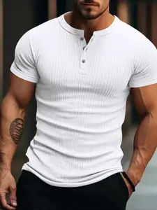 Men's Short Sleeve Ribbed Henley Shirt, Slim Fit Button Up Casual Tee, Activewear T Shirt, Soft Stretch Workout Top for Gym, Bodybuilding, Daily Wear & Vacation