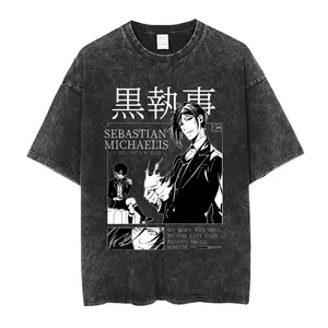 Black Butler Black Deacon T-Shirt Black Butler Washed Old Short Sleeve T-Shirt Men's Summer Loose Anime Tide8