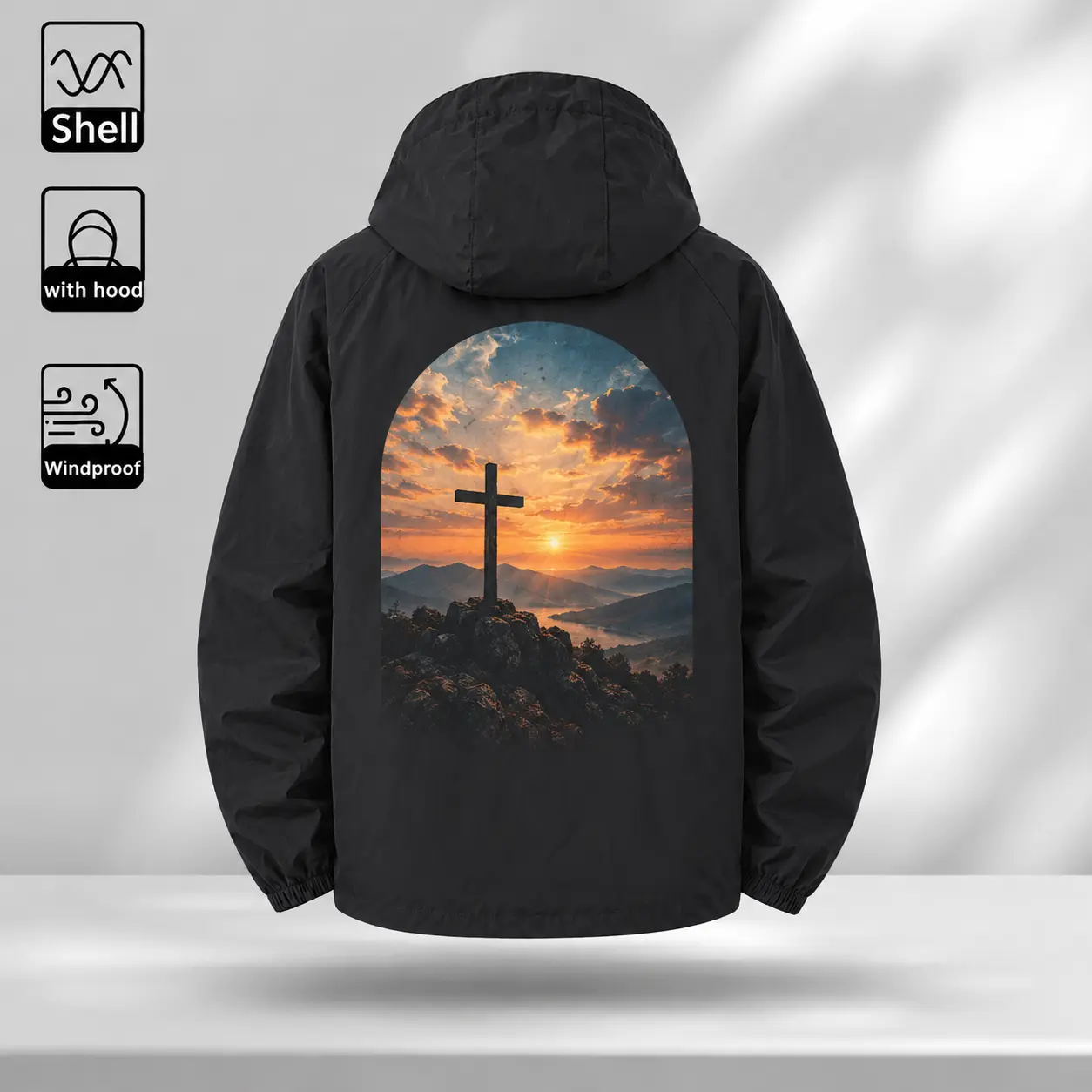 Christian Windbreaker Jacket, Hooded Zip-Up Shell with Cross and Sunset Landscape Back Graphic, Faith-Inspired Outerwear
