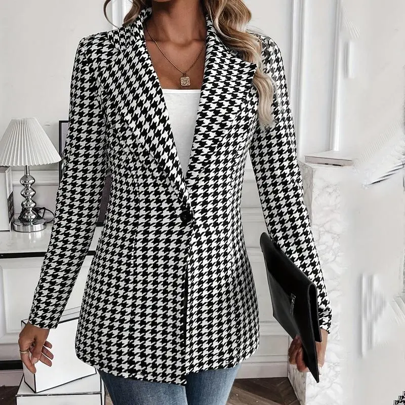 Women's Houndstooth Blazer - Chic, Fitted, Longsleeves Button-Front Jacket for Business Office, Casual Holiday Wear