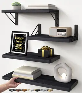 Wall Mounted Floating Shelves, Wood Floating Wall Shelf for Books & Decor, Small Space-Saving Display & OrganizerBlackSet of 4
