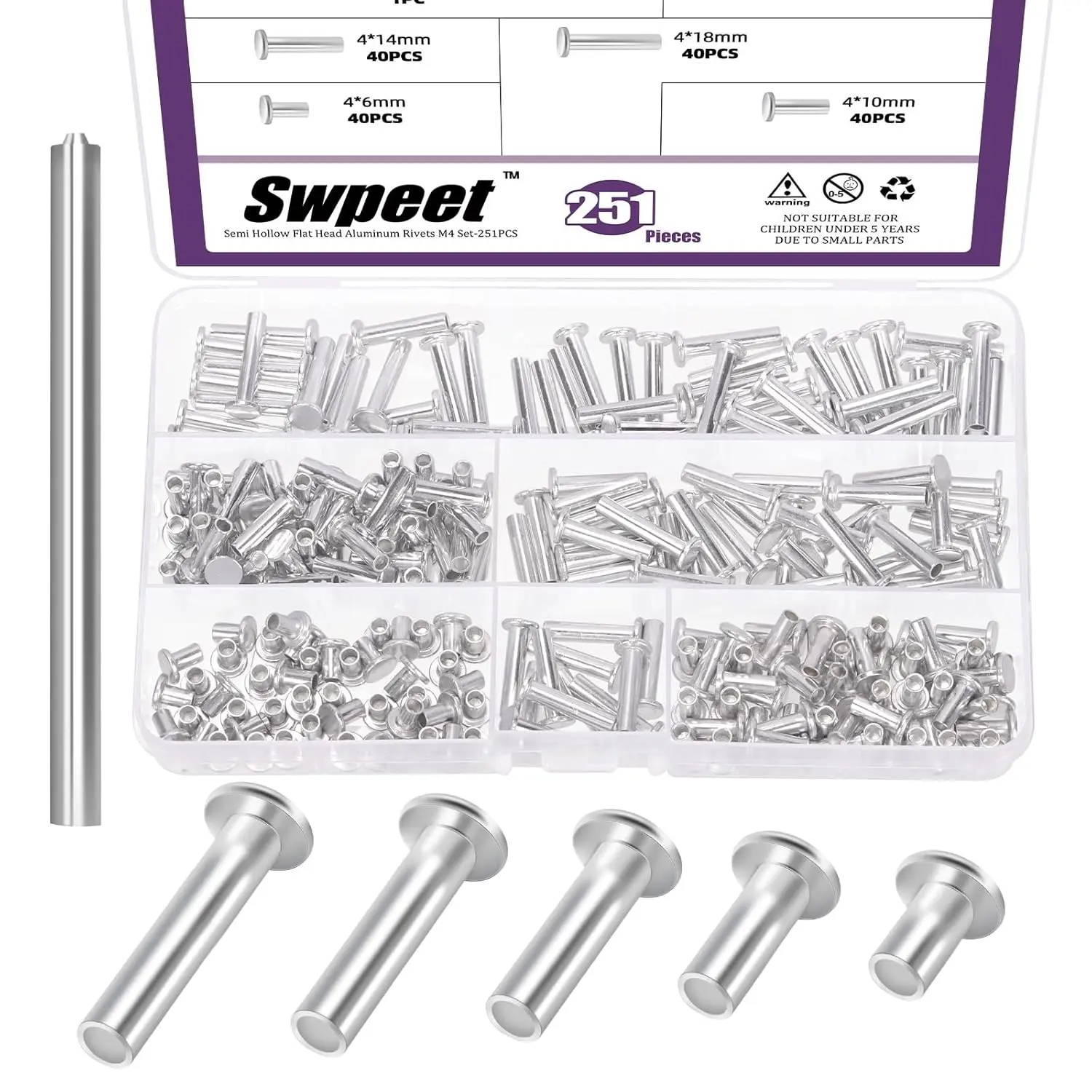 Silver Tone Aluminum Flat Head Semi Tubular Rivets Assortment Kit (251Pcs, 5 Sizes: M4×6mm/10mm/14mm/18mm/20mm) with Punch for Home Craft Repairs, Decoration, Punch Assortment Kit