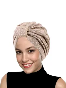 Muslim Headscarf Cap with Sequins, Folded Cloth Knot Design, Stylish Turban Hijab, Perfect for Daily Wear, Women's Fashion Accessory