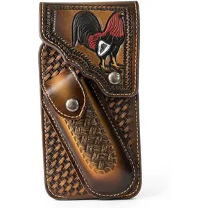 Western Phone Holster with Knife Pouch, Engraved Rooster Basketweave Belt Clip Case for Men (Brown)