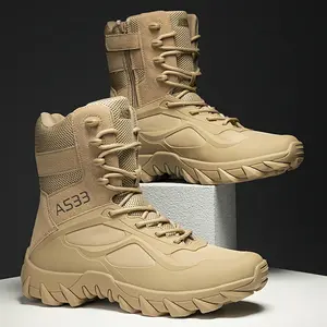 [Comfort Tactical Boots] Comfort-Focused Men's High Top Tactical Boots - Non-Slip, Durable, Breathable - Lace-Up Design with Mesh Panels & Thick Rubber Sole for Outdoor Adventures, Beige Trekking Camping Shoes Waterproof Hiking Shoes