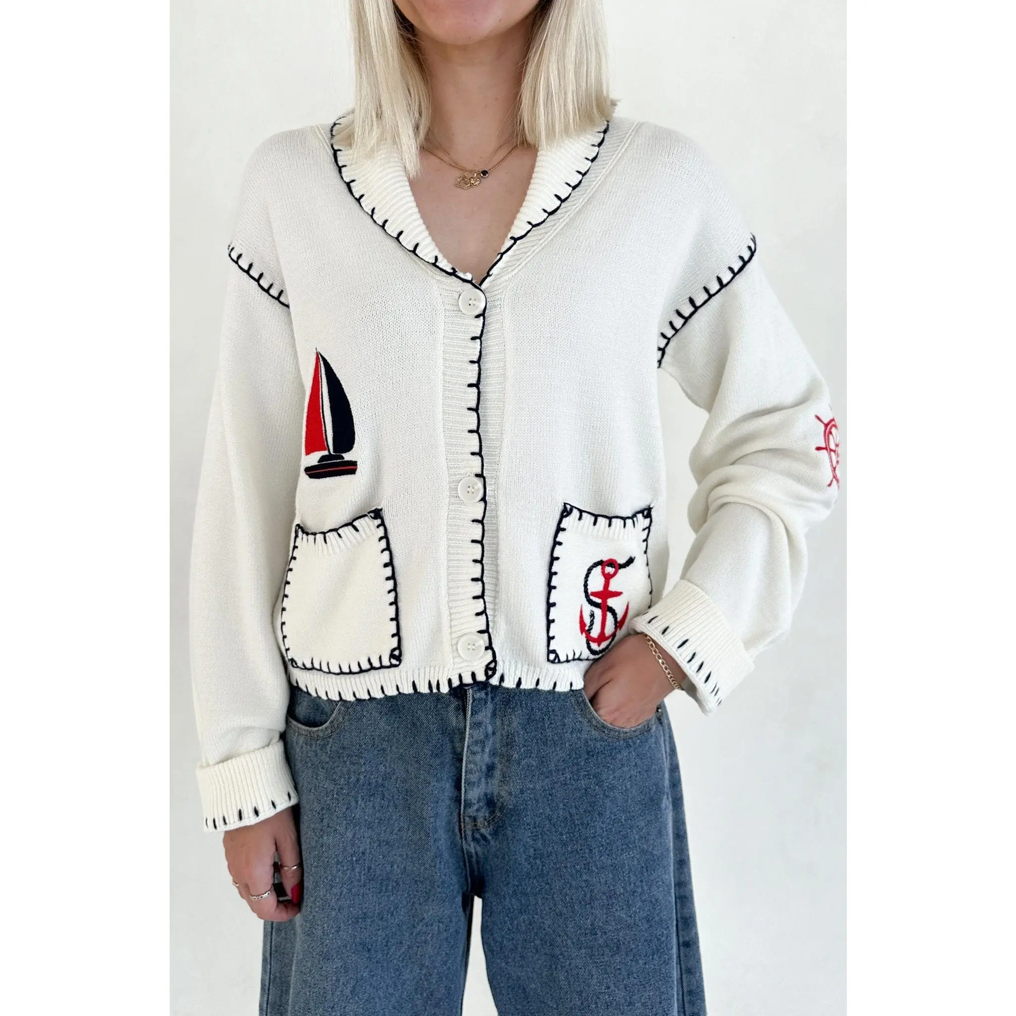 First Mate Embroidered Lightweight Knit Cardigan