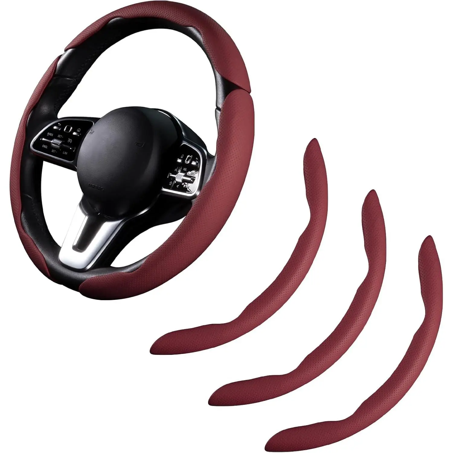 Leather Snap-On Steering Wheel Cover Set (3-Count), Universal Car Interior Accessory, Non-Slip Breathable Wrap, Easy Installation, Wear-Protection, 14.5-15 in Fit, Red, 14.5-15 Inch