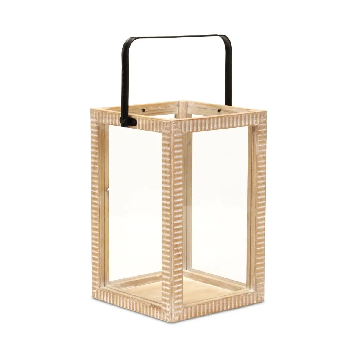 Cheungs 6031L Abner Series Large Tall Square Wood Lantern, Ridged Rim, Metal Handle, Glass Accent - Home Decor Candle Holder for Indoor-Outdoor Use