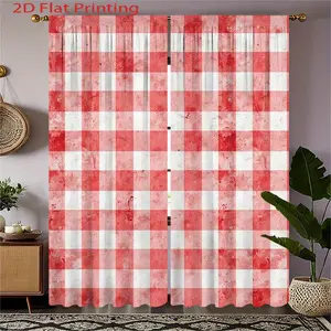 2pcs Red & White Checkered Curtains - Semi-Sheer Window Drapes with Grommet Top