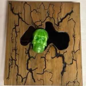 Electric Skull Epoxy Wood Art – Handmade Horror Decor