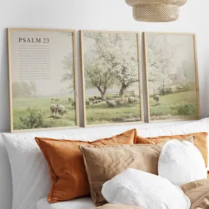 Psalm 23 Full Chapter Bible Verse Wall Art, Set of 3 Christian Vintage landscape scripture quote Artwork poster print