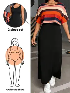 Women's Summer Two-Piece Set Short Sleeve Loose Striped Print T-Shirt & Sleeveless Dress, Casual Fashion, Comfortable and Stylish