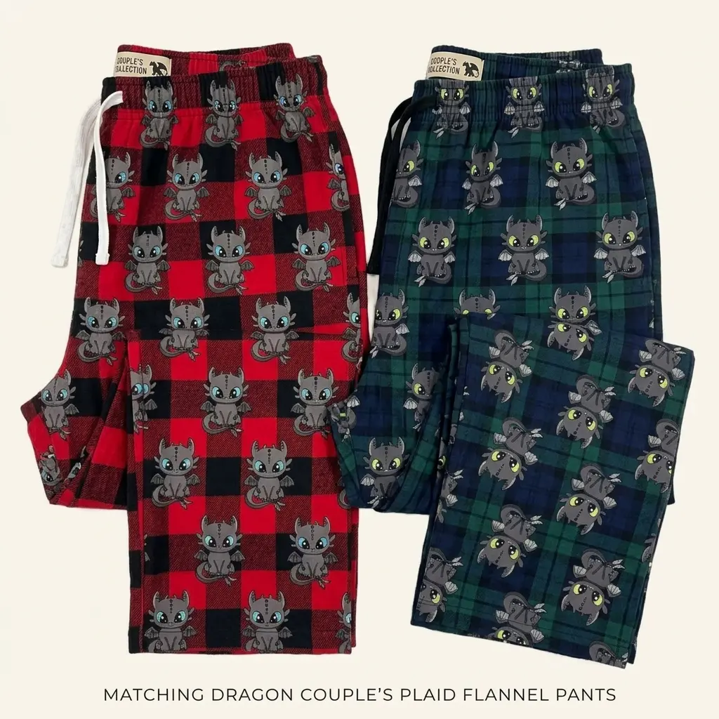 Matching Fleece Couple Caro Cute Dragon Inspired Pajama Pants Unisex, Toothless Night Fury Style Lounge Pants, Cute Dragon Print Sleepwear Bottoms for Women Men, Loose Casual Home Pants, All Season Nightwear