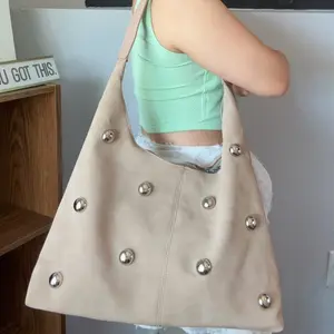 Women's Fashion Studded Suede Shoulder Bag with Zip Closure for Daily Wear Elegant Silver Studs