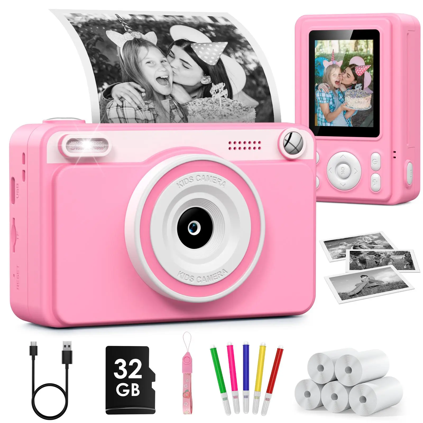 [SummerFinds]Kids Instant Print Digital Camera Printer - 1080P HD, 5 Rolls of Paper, 32GB Card, Ideal Birthday Gifts for 10–12 Girls, Gifts for Girls (Instant Cameras That Print Photos)