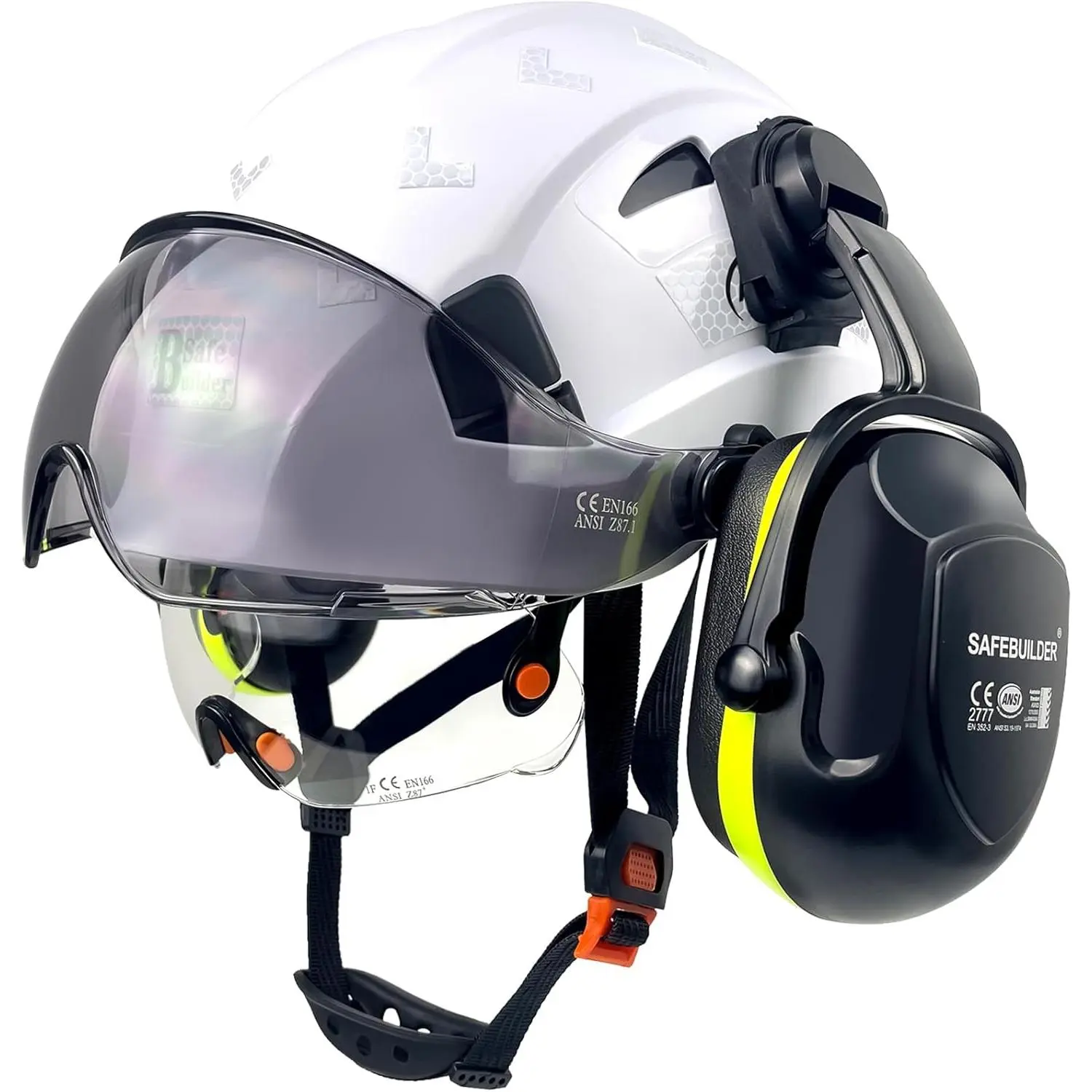 Vented ABS Safety Helmet with Integrated Dual Polycarbonate Visors, 6-Point Suspension and Chin Strap for Construction, Mining & Rescue Work, Integrated Visor, Tinted, Industrial, Decoration