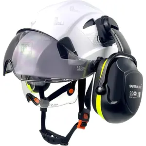 Vented Hard Cap with Visor and Ear Muffs, Dual Visors Inside & Outside, 6-Point Adjustable Fit for Construction Industrial Mining Work