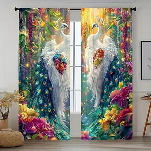 Elegant Peacock Floral Print Curtains, 2 Pieces, Easy to Hang and Open, Suitable for Living Room, Office, Bedroom, Kitchen, Cafe