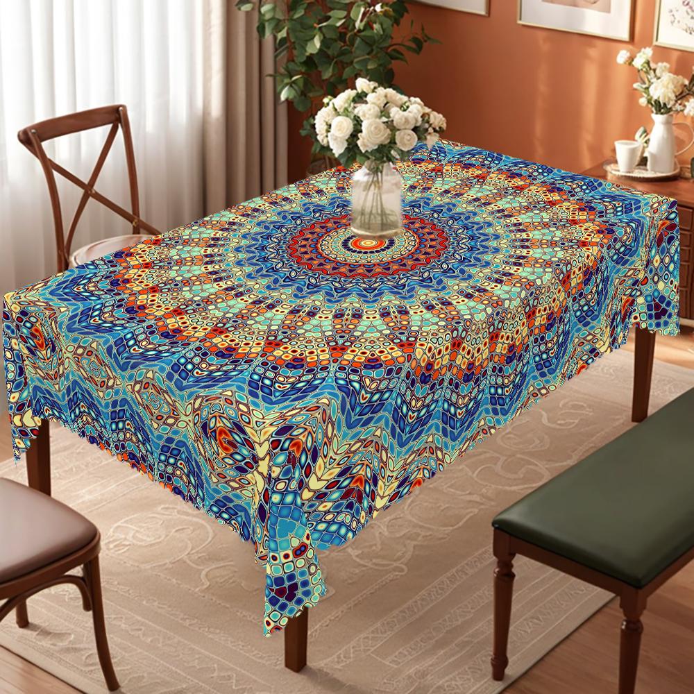 PLUMLIK Vibrant Boho Tablecloth, Colorful Retro Bohemian Round Rectangle Tablecloth, Exotic Style Decoration for Outdoor Indoor, Suitable for  Farmhouse Courtyard Thanksgiving Day Christmas Party, Daily Holiday Kitchen Restaurants, Home Dorm Accessories