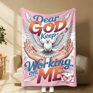 Pink Pastel Inspirational God Quote Flannel Blanket, Christian Faith Blanket，Ultra Soft Plush Dove Open Hands Feather Dear God Working On Me Print Throw Blanket, Uplifting Religious Home Accent, Thoughtful All Occasion Gift For Devout Christian Ladies