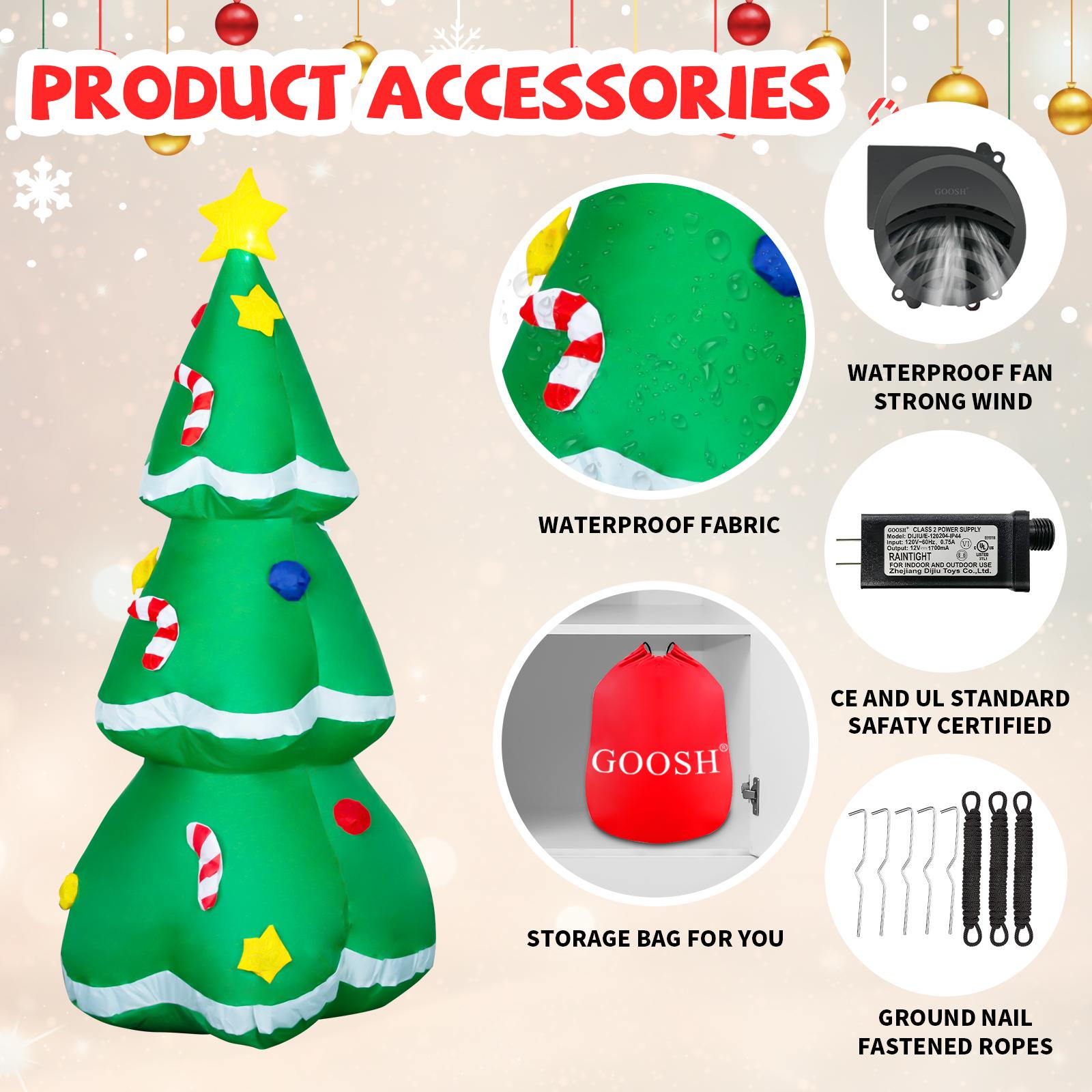 GOOSH 7.8 FT Inflatable Christmas Tree with Built-in LEDs & Festive Designs for Outdoor Decorations - Fast Inflation, Certified Safety, Waterproof Polyester, Easy Storage