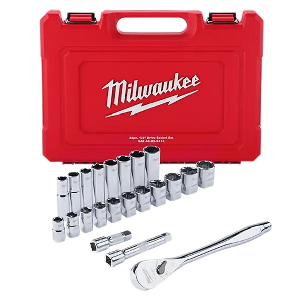 Milwaukee 48-22-9410 22-piece 1/2" Drive SAE Ratchet and Socket Set - SAE Measurements, Anti-Roll 4 Flat Sides, Tool Box Compatible Hand Tool for Mechanics' Wrenches & Hardware Tasks