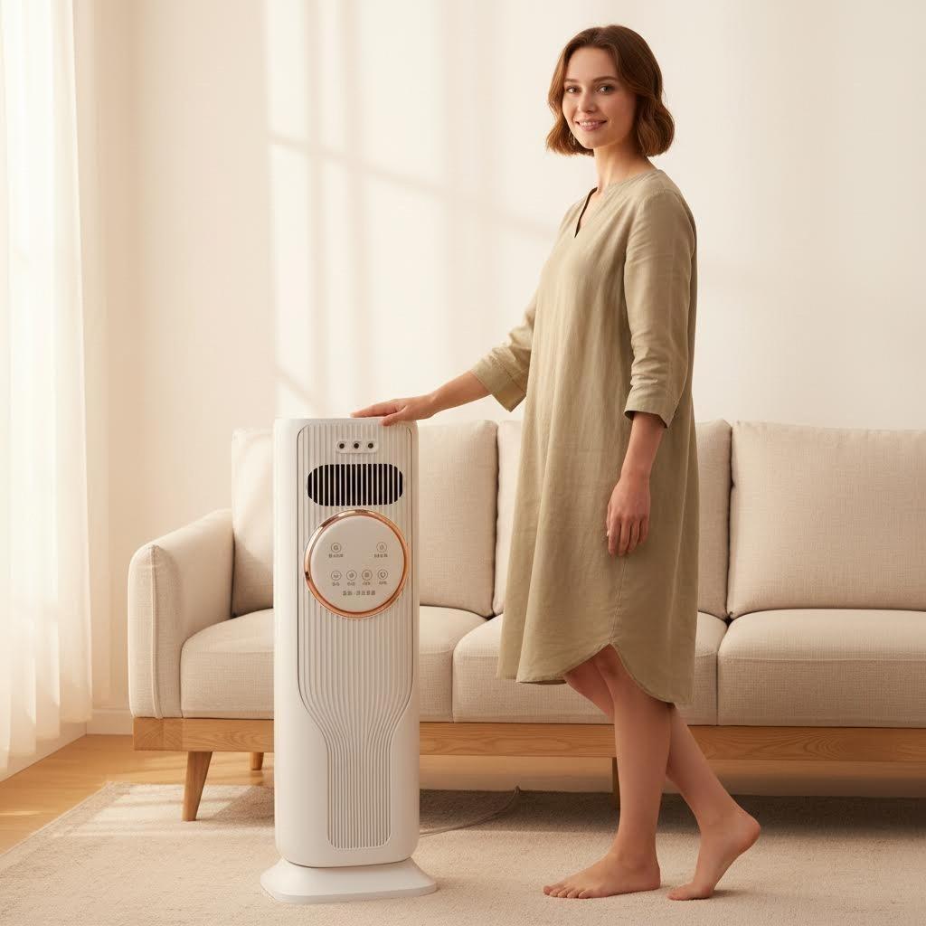 Year-Round Home Comfort: 2-in-1 Bladeless Tower Fan & Space Heater – 3 Speed Fan, 2 Heat Levels, Remote Control, Ice/Water Cool Breeze, Space-Saving, High Efficiency – Perfect for Indoor Use, Bedroom, Office – Safe Quiet Heating & Cooling