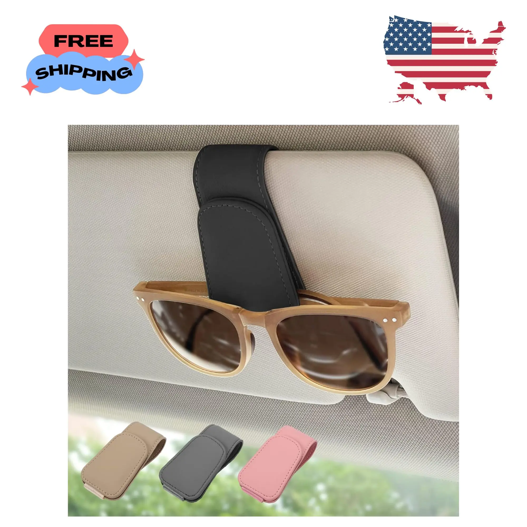 Magnetic Leather Sunglass Holder, Eyeglass Hanger Clip for Car Sun Visor (Black, 1 Pack)