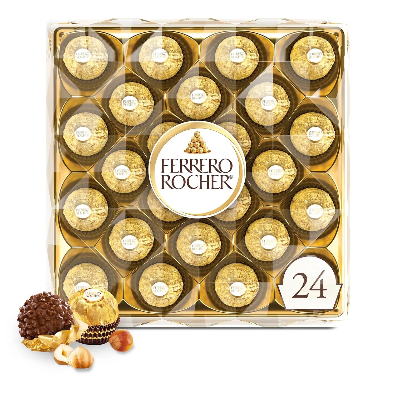 Ferrero Rocher Creamy Hazelnut Milk Chocolate Snack Gift Box, 24 Individually Wrapped Chocolates, 10.6 oz