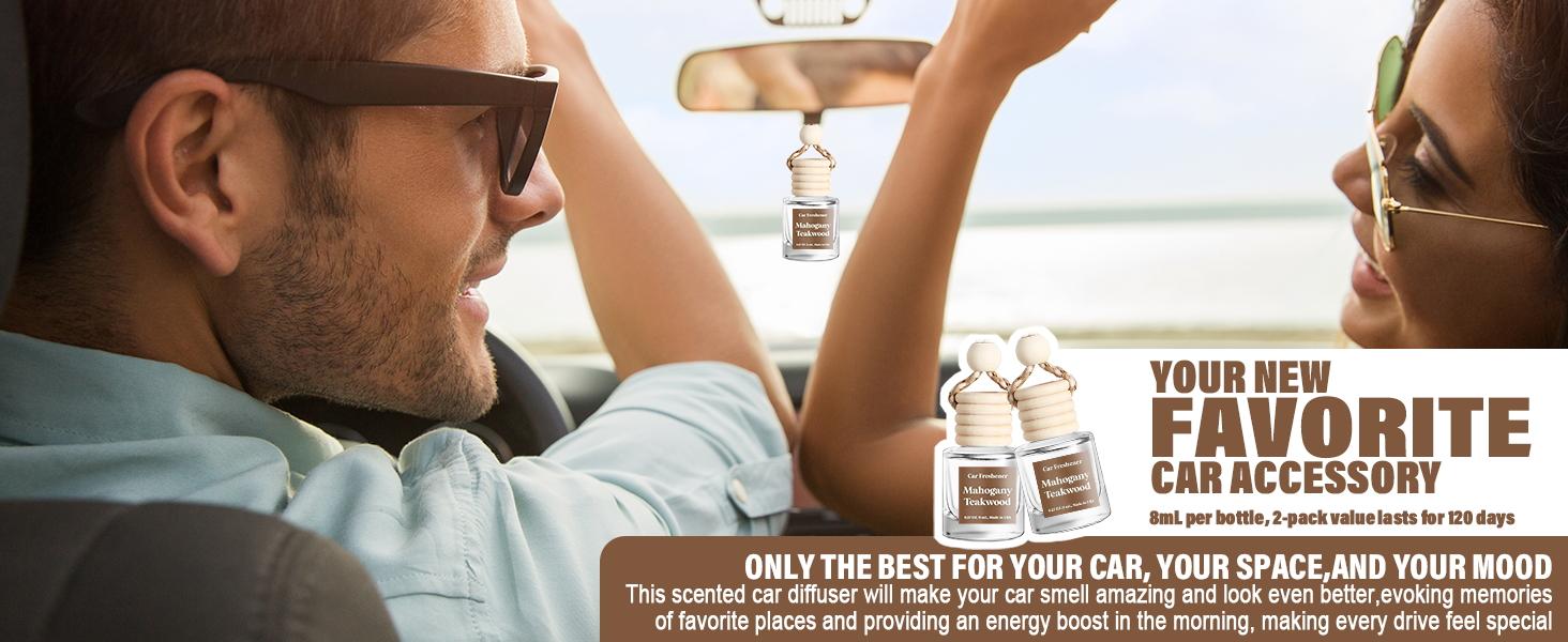 Classy Car Air Freshener Hanging 2 Pack, Mahogany Teakwood Essential Oil Diffuser, Cute Glass Bottle, Long-Lasting Fragrance Car Accessories for Women & Men, Made in USA