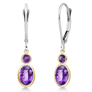 Gem Stone King 14K Two Tone Gold Purple Amethyst Dangle Earrings for Women | 1.70 Cttw | Gemstone February Birthstone | Oval Checkerboard 7X5MM