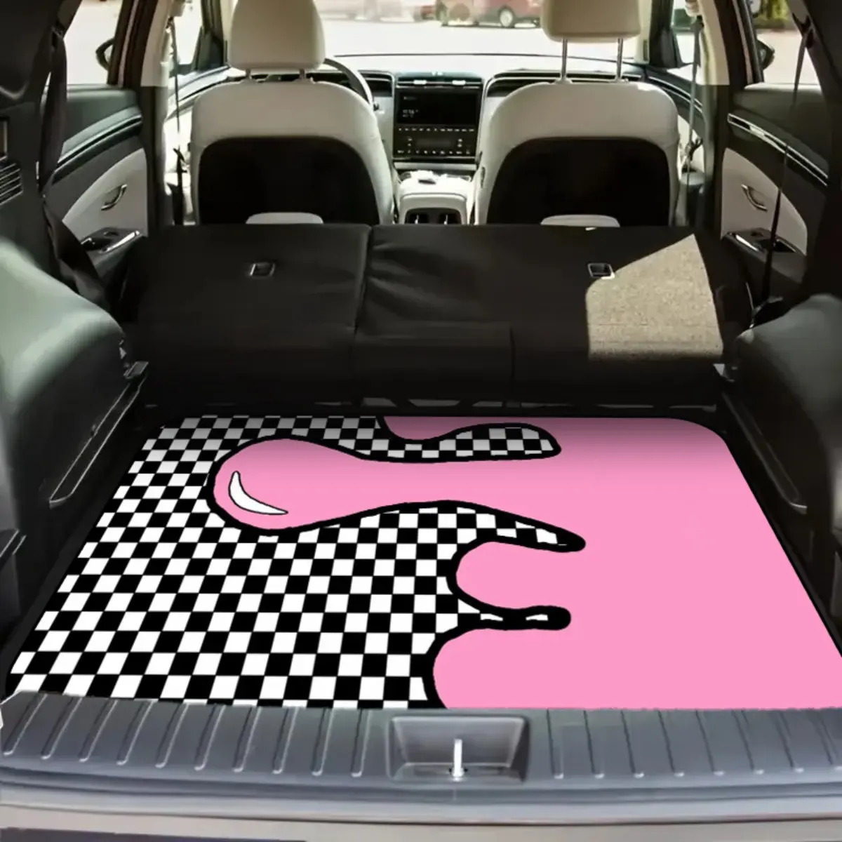 Trunk Mat, Pink& Black Checkerboard Pattern, Abstract Design, Fits SUVs/Sedans/Trucks, All-Season Fashion Decor, Car Trunk Mat