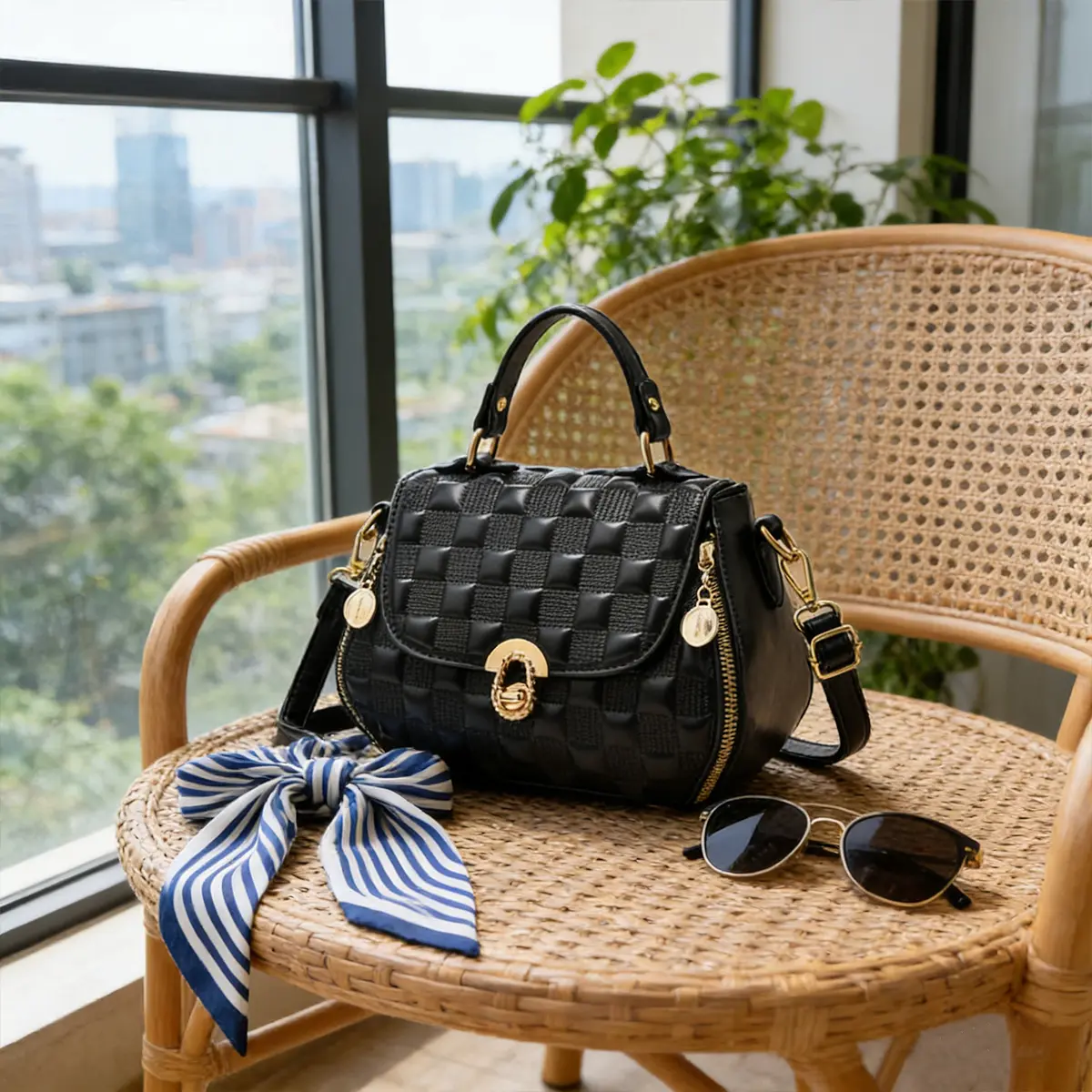 Women's PU Leather Satchel Handbag, Embossed Geometric Woven-Texture Top Handle Purse with Gold Turn Lock, Lightweight Casual Crossbody Bag for Work, Pu Leather Bag, Lightweight Work Bag, Fashion Elegant Handbag