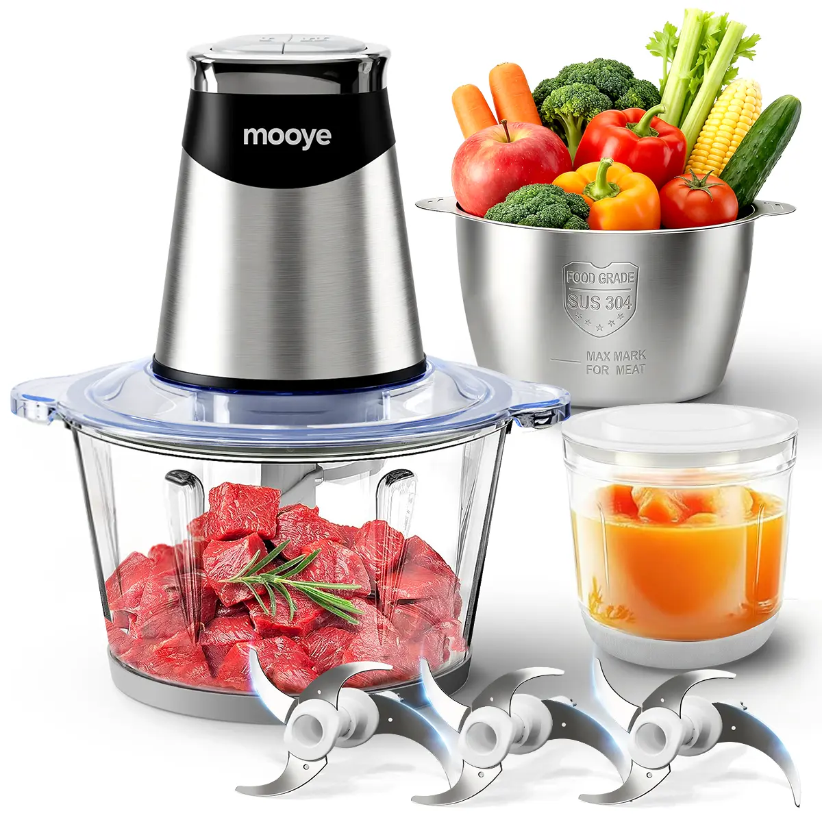 Mooye Multifunction Kitchen Food Processor & Kitchen Chopper, 8+8+3 Cup Set with Copper Motor Handles Hearty Grinding, Batch Chop for Meat, Veggies, Nuts, Easy to Clean for Home Cooking