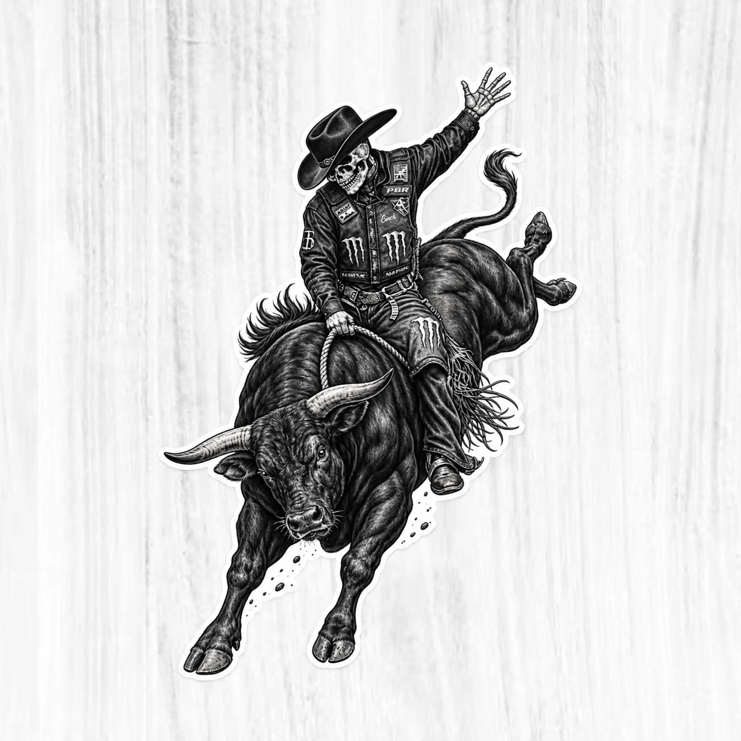 Skeleton Cowboy Riding Bucking Bull Vinyl Sticker, Rodeo PBR Bull Rider Decal, Western Outlaw Country Music Laptop & Car Sticker