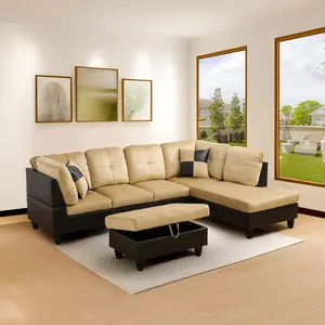 3-Seater Beige & Brown Sofa, Chenille & Faux Leather Upholstered Couch for Living Room