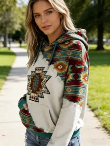 Ethnic Western Hoodie for Women, Aztec Cowgirl Rhombus Print Pullover with Soft Fabric, Drawstring Hood and Kangaroo Pocket for Casual Comfort and Relaxed Fit