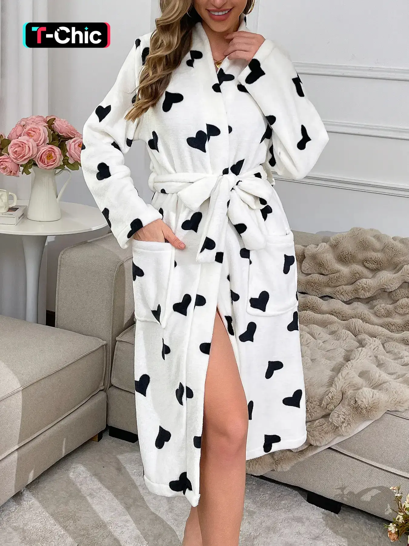 Women's Fluffy Autumn/Winter Fitted Lady Robe, Casual Soft Bathrobe, with Long Sleeves, Full White Base Heart Print, Soft & Comfortable, Featuring Side Pockets with Matching Pattern and Belt, Ideal for Home, Casual, Sleepwear and Loungewear