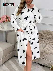 Women's Fluffy Autumn/Winter Fitted Lady Robe with Long Sleeves, Full White Base Heart Print, Soft & Comfortable, Smooth, Featuring Side Pockets with Matching Pattern and Belt, Ideal for Home, Casual, Sleepwear and Loungewear in Autumn/Winter Womenswear