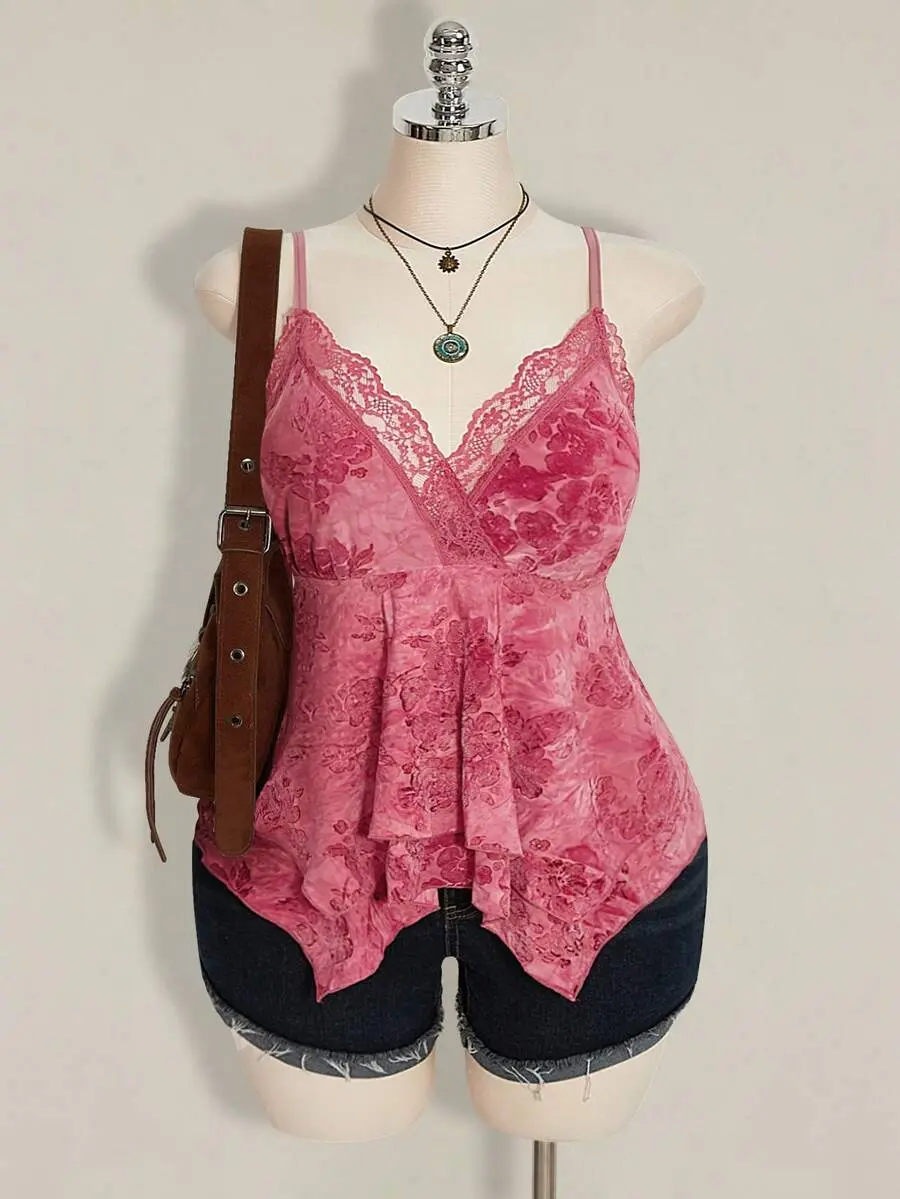 Summer Vacation Women Lace Contrast Allover Print Asymmetric Hem Camisole Top,Hippie Style For Festivals And Graduation