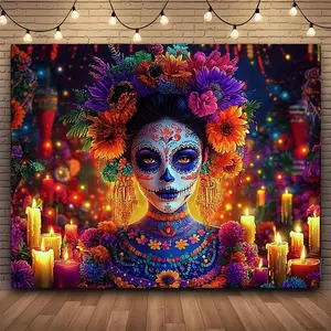 1pc Extra Large Mexican Fiesta Day of the Dead Tapestry - 149.86cm x 129.54cm Vibrant Sugar Skull Wall Hanging Decor, Wrinkle-Resistant with Iron-On Backing for Easy Hanging, Photo Booth Backdrop for Día de los Muertos Party Decorations, Themed Events & G