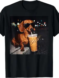 Funny Dachshund Drinking Iced Coffee T-Shirt - Retro Vintage Suitable for, Machine Washable Round Neck Tee with Dachshund Graphic, Casual Humor Apparel for Coffee Lovers & Dachshund Owners