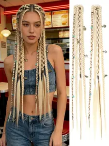 2pcs Clip in Braid Hair Extensions for Women, 20" Boho Dreadlock Braids with Beads & Charms, Handmade Synthetic Hairpieces for Cosplay Daily Styling