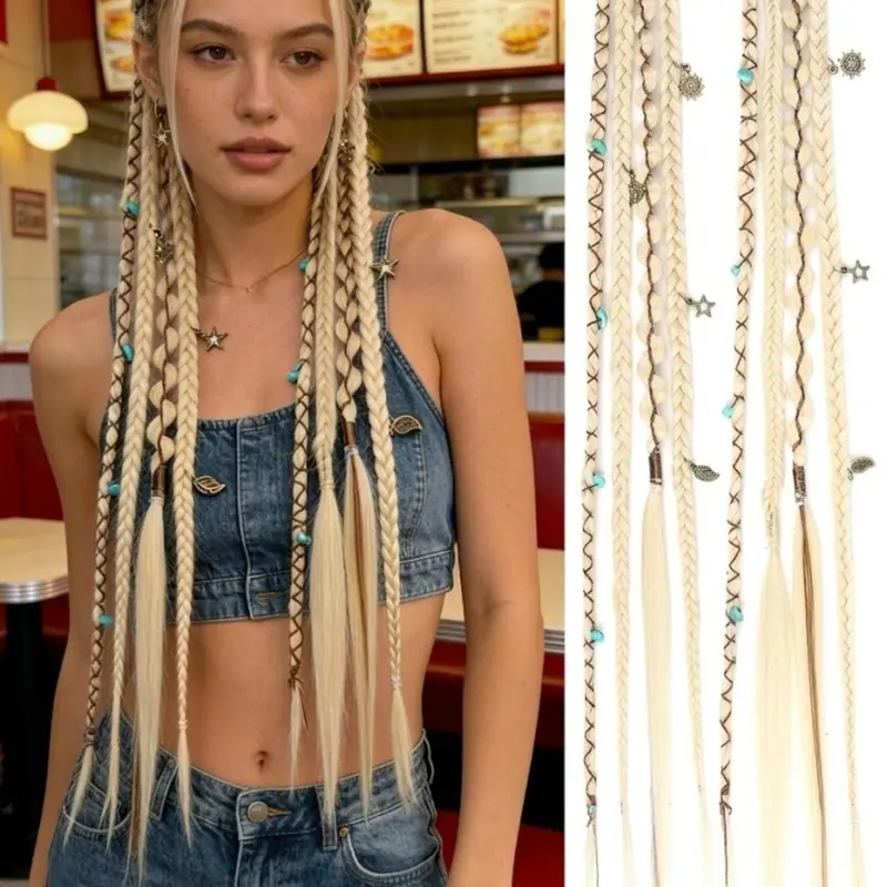 2pcs Clip in Braid Hair Extensions for Women, 20" Boho Dreadlock Braids with Beads & Charms, Handmade Synthetic Fiber Hairpieces for Cosplay Daily Styling
