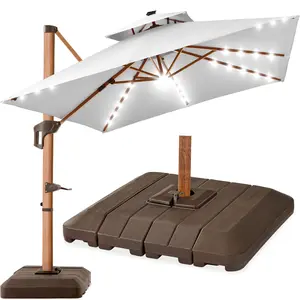 Best Choice Products 10ft Square Woodgrain Pattern 2-Tier Outdoor Solar LED Cantilever Umbrella w/ Base