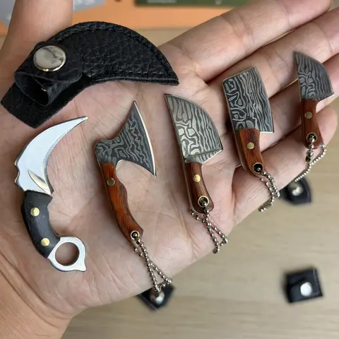 SET OF 5 Super Mini Pocket Knife Keychain Set with Damascus Craftsmanship, 5PCS Small Knives Hanging Ornament with Leather Pouches, EDC Tool for Outdoor Camping, Stainless Steel+Wood